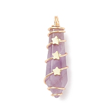 Honeyhandy Natural Amethyst Pointed Pendants, Bullet Charm, with Real 18K Gold Plated Tone Copper Wire Wrapped and Brass Star Beads, Faceted, 37x10~11x11~12mm, Hole: 3.5mm