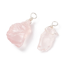 Honeyhandy Rough Raw Natural Rose Quartz Pendants, with Silver Tone Copper Wire Wrapped, Nuggets Charm, 22~33x7~15x5~9mm, Hole: 3.5~4mm