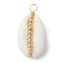 Honeyhandy Natural Cowrie Shell Copper Wire Wrapped Pendants, Shell Charms with Golden Tone Brass Spacer Beads, White, 25.5x13.5x8mm, Hole: 2.8mm