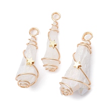 Electroplated Natural Quartz Crystal Dyed Copper Wire Wrapped Pendants, Teardrop Charms with Brass Star, Golden, White, 28~39x8~12x8mm, Hole: 4mm