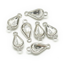 Honeyhandy Alloy Glass Links connectors, teardrop, Platinum, Clear, 21x10x5~6mm, Hole: 2mm