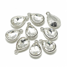 Honeyhandy Alloy Glass Pendants, Faceted, teardrop, Platinum, Clear, 19x12x6mm, Hole: 1.5mm