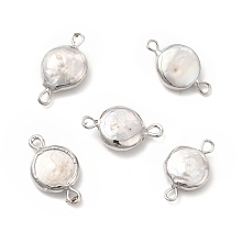 Honeyhandy Baroque Natural Keshi Pearl Connector Charms, Flat Round Links, with Brass Double Loops, Platinum, White, 19~21x11~12x4~5mm, Hole: 1.6~1.8mm