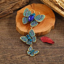 Honeyhandy Creative Long Alloy Triple Butterfly Brooch, Rhinestone Retro Insect Brooch, for Ceremony Banquet Suit Accessory, Sapphire, 110x52mm