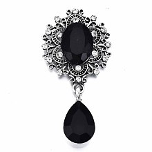 Honeyhandy Alloy Flat Back Cabochons, with Acrylic Rhinestones, Oval and Teardrop, Antique Silver, Faceted, Black, 59x29x6mm