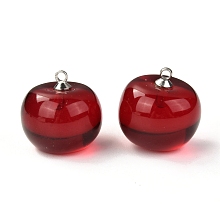 Honeyhandy Resin Pendants with Glass Kernel and Stainless Steel Top Ring, Imitation Fruit, 3D Cherry, Dark Red, 17~18x17~17.5mm, Hole: 1.6mm