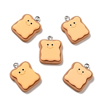 Honeyhandy Opaque Resin Pendants, Bread with Smiling Face Charm, Imitation Food, with Platinum Tone Iron Loops, Camel, 24x18.5x5mm, Hole: 2x2.7mm