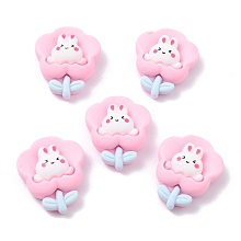 Honeyhandy Opaque Resin Cabochons, for DIY Accessories, Flower with Rabbit, Pearl Pink, 23x19x8mm