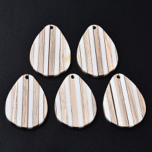 Honeyhandy Stripe Resin & Wood Pendants, Teardrop, White, 36x26x3mm, Hole: 1.8mm