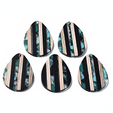 ARRICRAFT Stripe Resin & Walnut Wood Pendants, Teardrop, Light Sea Green, 36x26x3mm, Hole: 1.8mm