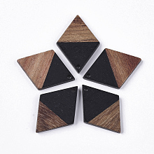 Honeyhandy Resin & Walnut Wood Pendants, Rhombus, Black, 34.5x24x3mm, Hole: 2mm