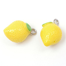 Honeyhandy Lemon Resin Pendants, with Platinum Tone Iron Findings, Yellow, 20~24x12x12mm, Hole: 2mm