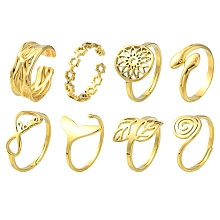 Honeyhandy 8Pcs 8 Style Flower & Leaf & Whale Tail & Snake Stainless Steel Open Cuff Ring Sets, Adjustable Rings for Women, Real 18K Gold Plated, Inner Diameter: 16.4~17.7mm, 1Pc/style