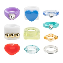 Honeyhandy 18Pcs Acrylic Finger Rings, Octagon & Rectangle & Heart & Square, Mixed Color, 10 style/box