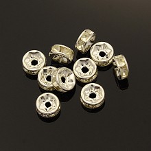 Honeyhandy Brass Rhinestone Spacer Beads, Grade B, Clear, Silver Color Plated, Size: about 7mm in diameter, 3.2mm thick, hole: 1.2mm