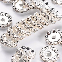 Honeyhandy Grade A Brass Rhinestone Spacer Beads, Basketball Wives Spacer Beads for Jewelry Making, Clear White, Rondelle, Nickel Free, Silver Color Plated, about 12mm in diameter, 4mm thick, hole: 2.5mm