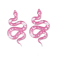 Honeyhandy Opaque Acrylic Pendants, Snake with Flower and Moon Pattern Charms, Hot Pink, 48.5x25x1.5mm, Hole: 1.2mm