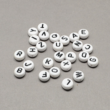 Honeyhandy White and Black Acrylic Horizontal Hole Letter Beads, Flat Round with Random Letters, Letter, 7x4mm, Hole: 1.3mm, about 3600pcs/500g