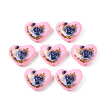 Flower Printed Opaque Acrylic Heart Beads, Pink, 16x19x8mm, Hole: 2mm