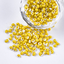 Honeyhandy Glass Seed Beads, Fringe Teardrop Beads, Opaque Colours, Two Tone, Yellow, 3.5~4x2.5~6mm, Hole: 1mm, about 4500pcs/bag