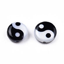 Honeyhandy Natural Freshwater Shell Printed Beads, Yin Yang Pattern, Black, White, 6x2.5mm, Hole: 0.7mm