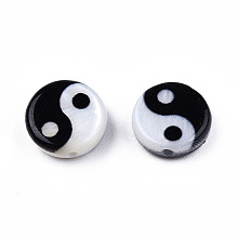 Honeyhandy Natural Freshwater Shell Printed Beads, Yin Yang Pattern, Black, White, 8x2.5mm, Hole: 0.9mm