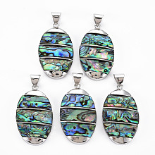 Honeyhandy Natural Abalone Shell/Paua Shell Big Pendants, with Platinum Brass Findings, Oval, Colorful, 44x26x6mm, Hole: 6x8mm