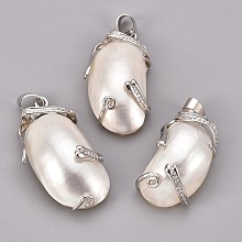 Honeyhandy Natural White Shell Mother of Pearl Shell Pendants, with Platinum Plated Brass Findings, 35~46x18~26x10~12mm, Hole: 6x4mm