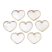 Honeyhandy Natural Capiz Shell Pendants, with Light Gold Plated Brass Edge, Heart, 26~27x29.5x0.5~1mm, Hole: 1mm