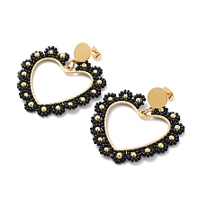 Honeyhandy Vacuum Plating 304 Stainless Steel Heart Dangle Stud Earrings, Glass Seed Beaded Flower Earrings, Black, 48mm