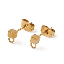 Honeyhandy 304 Stainless Steel Stud Earring Findings, with Ear Nuts and Horizontal Loops, Cube, Golden, 6x3mm, Hole: 1.8mm, Pin: 0.5mm