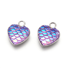 Honeyhandy 304 Stainless Steel Pendants, with Resin, Heart with Fish Scale Shape, Stainless Steel Color, Medium Purple, 16x13x3.5mm, Hole: 2mm