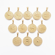 304 Stainless Steel Pendant Sets, Flat Round with Twelve Constellation/Zodiac Sign, Golden, 29x25x3.2mm, Hole: 9x4.5mm; 12pcs/set