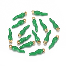 Honeyhandy Ion Plating(IP) 304 Stainless Steel Pendants, Enamelled Sequins, Horn of Plenty/Italian Horn Cornicello, Golden, Green, 18x5x3.5mm, Hole: 1mm