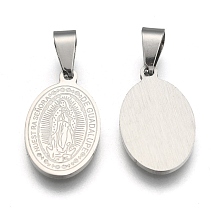 Honeyhandy Fashionable 304 Stainless Steel Pendants, Flat Oval with Virgin Mary/Our Lady of Guadalupe, Stainless Steel Color, 21x13x1.5mm, Hole: 4x6mm