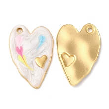 Honeyhandy 304 Stainless Steel Enamel Pendants, Real 18K Gold Plated, Heart Charm, Floral White, 36x24x2.5mm, Hole: 2.5mm