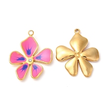 Honeyhandy 304 Stainless Steel Enamel Pendants, with Rhinestones, Real 18K Gold Plated, Flower Charm, Deep Pink, 21.5x17x2.5mm, Hole: 1.5mm