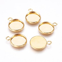 Honeyhandy 304 Stainless Steel Pendant Cabochon Settings, Plain Edge Bezel Cups, Flat Round, Real 24k Gold Plated, Tray: 12mm, 18x14x2mm, Hole: 2.4mm