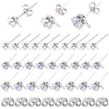 SOFPLATE 60Pcs 3 Size Clear Cubic Zirconia Stud Earring Findings, with Rhodium Plated 925 Sterling Silver Pins and Horizontal Loops, with S925 Stamp, 60Pcs Brass Ear Nuts, Platinum, 5.5~9x4.5~7mm, Hole: 0.8~1.2mm, Pin: 0.7mm, 20Pcs/size