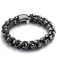 Titanium Steel Skull Link Chain Bracelet for Men, Antique Silver, 7-1/4 inch(18.5cm)