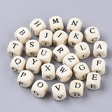 Honeyhandy Printed Natural Wood Beads, Horizontal Hole, Cube with Initial Letter, PapayaWhip, Random Mixed Letters, 10x10x10mm, Hole: 3.5mm, about 1000pcs/500g