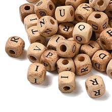 Honeyhandy (Defective Closeout Sale), Printed Natural Wood Beads, Horizontal Hole, Cube with Initial Letter, PapayaWhip, 10x10x9.5mm, Hole: 4mm, about 625pcs/500g