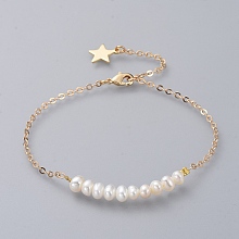 Honeyhandy Beaded Bracelets, with Natural Pearl and Brass Cable Chains, Real 18K Gold Plated, 9 inch(23cm)