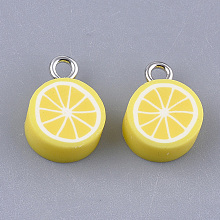 Honeyhandy Handmade Polymer Clay Charms, with Iron Findings, Lemon, Platinum, Yellow, 14~15x10x5mm, Hole: 1.8mm