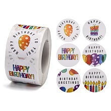 Honeyhandy Self-Adhesive Paper Stickers, for Birthday Party, Decorative Presents, Round with Word Happy Birthday, Colorful, 38mm, 500pcs/roll