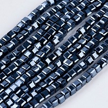 Honeyhandy Electroplate Glass Beads Strands, Full Plated, Faceted, Cube, Hematite Plated, 2~2.5x2~2.5x2~2.5mm, Hole: 0.5mm, about 195~200pcs/strand, 16.9~17.5 inch(43~44.5cm)