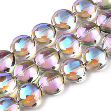 Honeyhandy Transparent Electroplate Glass Bead Strands, Half Rainbow Plated, Flat Round, Plum, 12x8mm, Hole: 1.2mm, about 50pcs/strand, 24.41''(62cm)