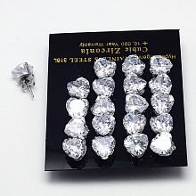 Honeyhandy Cubic Zirconia Stud Earrings, with 316L Surgical Stainless Steel Bases, Grade AAA, Heart, Clear, 4x4mm, Pin: 0.8mm