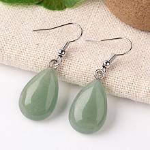 Honeyhandy Natural Green Aventurine Teardrop Dangle Earrings, with Platinum Plated Brass Findings, 41mm, Pin: 0.7mm