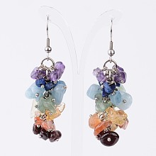 Honeyhandy Chakra Mixed Gemstone Cluster Earrings, with 304 Stainless Steel Pins, 55mm, Pin: 0.6mm